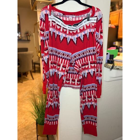 Victoria's Secret Pajamas Red Fair Isle Thermal PJ's set Size M 6-10 - Picture 2 of 5